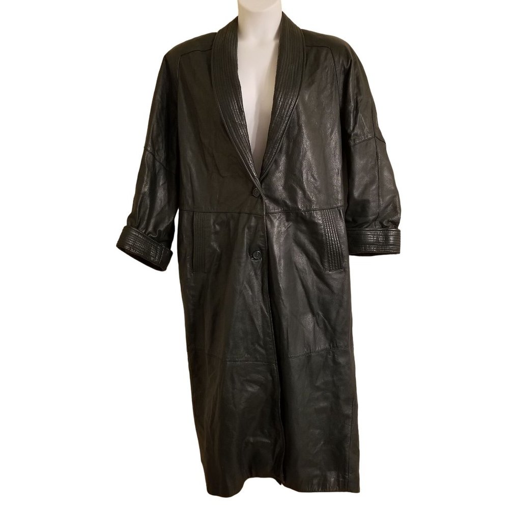 Vintage Pelle M Dark Green Leather Trench Coat Oversized Slouch Structured Pocke